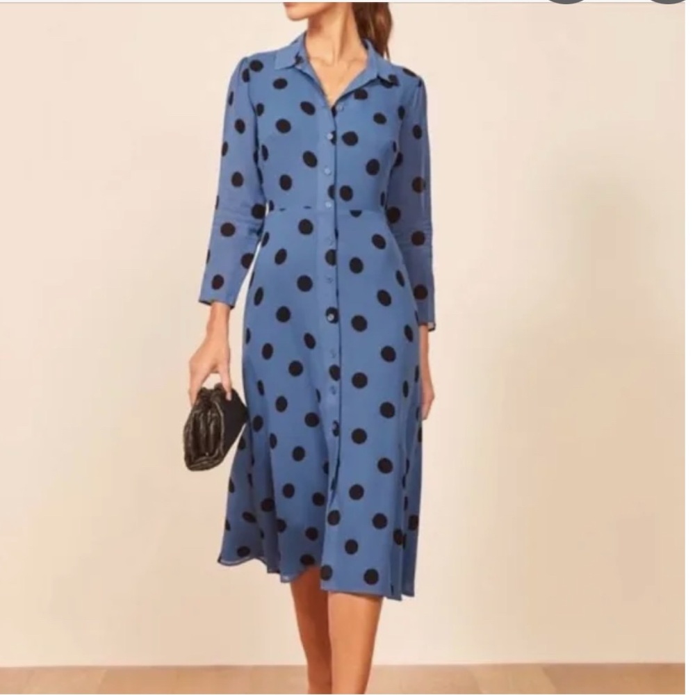 Reformation Blue Polka Dot Long Sleeve Dress